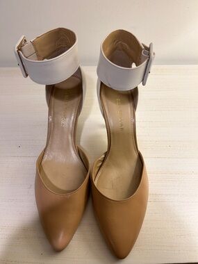Audrey Brooke Tan Pointed-Toe Pump with White Ankle Strap